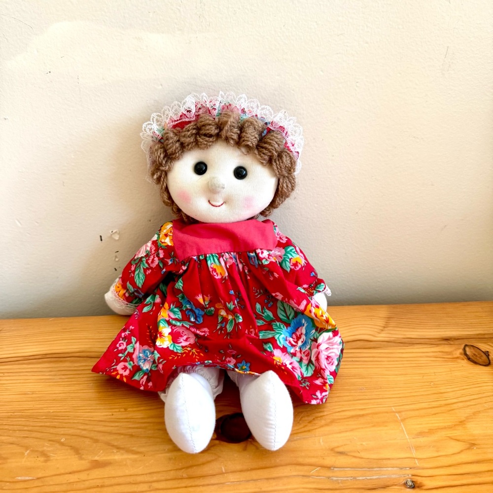 Vintage 90s Handmade Doll Floral Red Dress Soft Plush Fabric Dollie Toy
